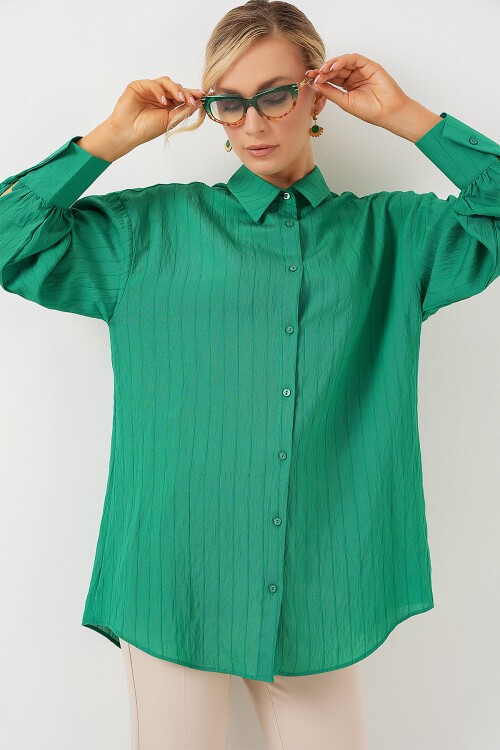 Merterium Kadın Çizgili Uzun Gömlek Tunik 5963 - Yeşil