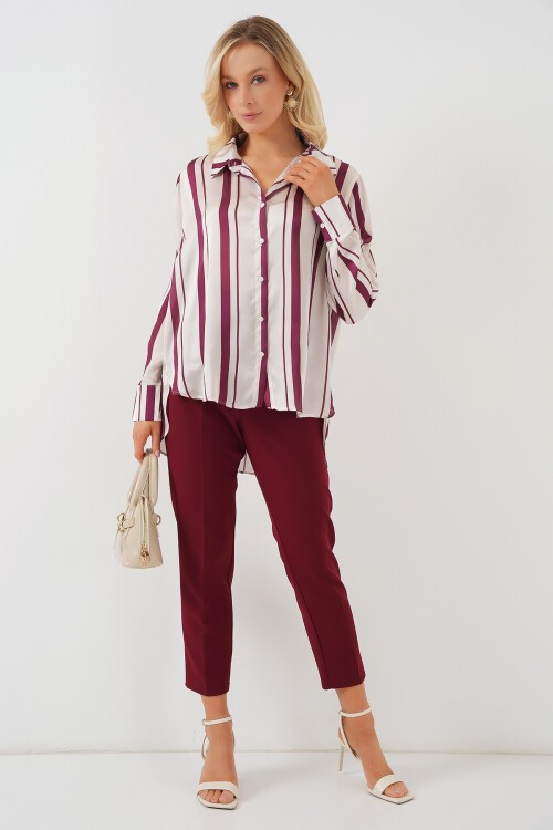 Merterium Kadın Çizgili Uzun Saten Gömlek 20291 - Bordo