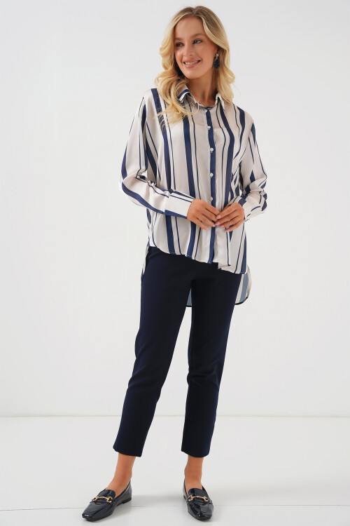 Merterium Kadın Çizgili Uzun Saten Gömlek 20291 - Lacivert