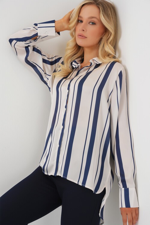 Merterium Kadın Çizgili Uzun Saten Gömlek 20291 - Lacivert