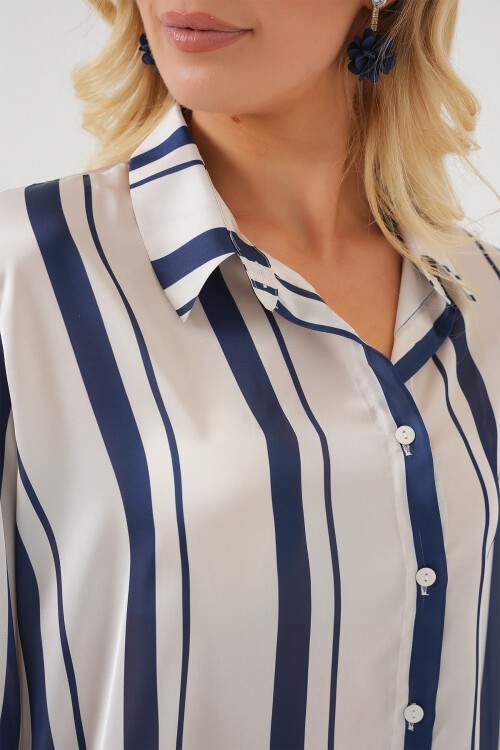 Merterium Kadın Çizgili Uzun Saten Gömlek 20291 - Lacivert