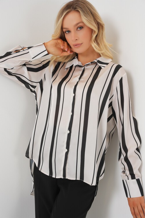 Merterium Kadın Çizgili Uzun Saten Gömlek 20291 - Siyah