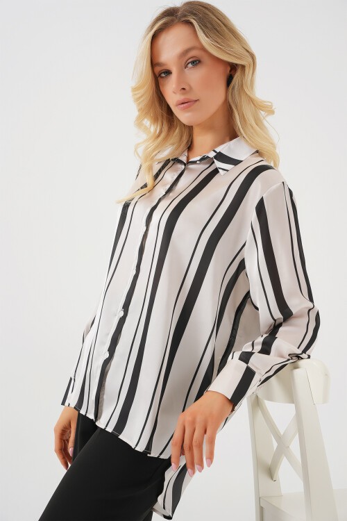 Merterium Kadın Çizgili Uzun Saten Gömlek 20291 - Siyah