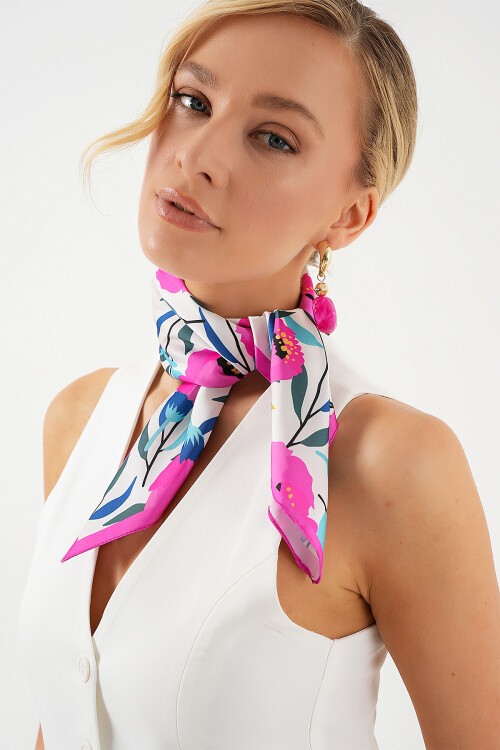 Merterium Kadın Desenli Bandana Fular 010187 - Fuşya