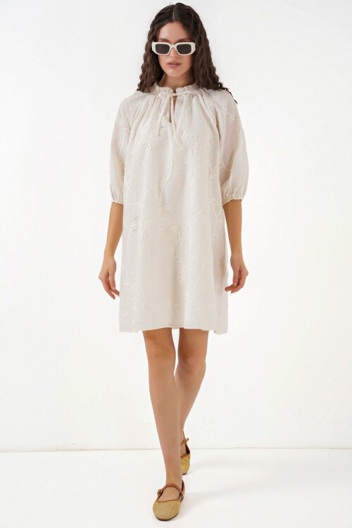 Merterium Kadın Desenli Kısa Elbise 2528 - Krem