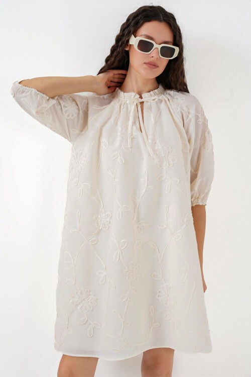 Merterium Kadın Desenli Kısa Elbise 2528 - Krem