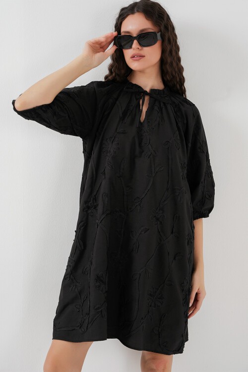 Merterium Kadın Desenli Kısa Elbise 2528 - Siyah