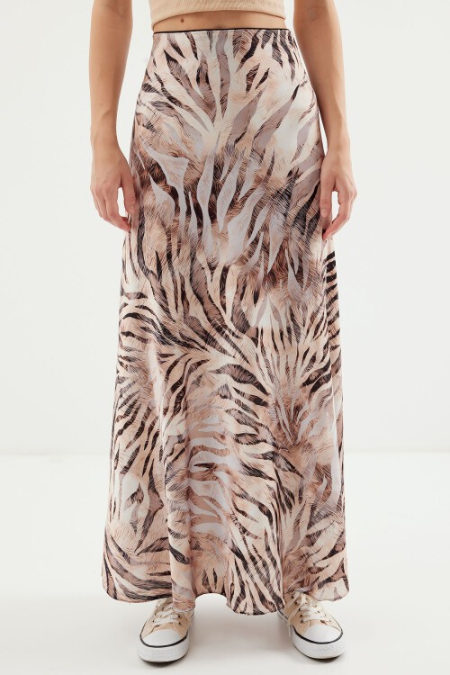 Merterium Kadın Desenli Saten Etek 15877 - Bej