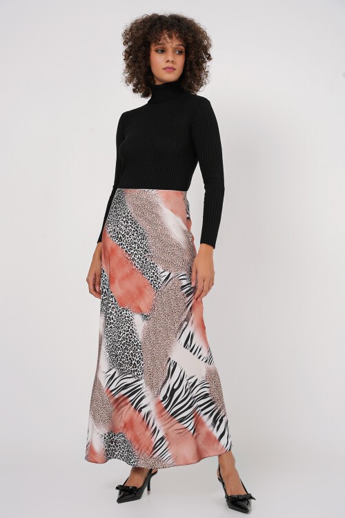 Merterium Kadın Desenli Saten Etek 15877 - Turuncu