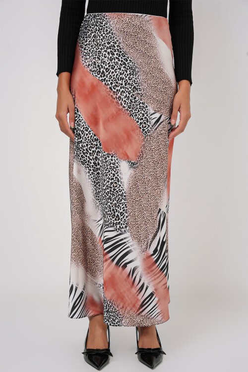 Merterium Kadın Desenli Saten Etek 15877 - Turuncu