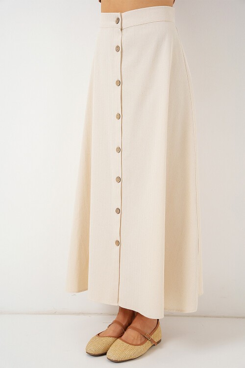 Merterium Kadın Düğmeli Keten Uzun Etek 8046 - Krem