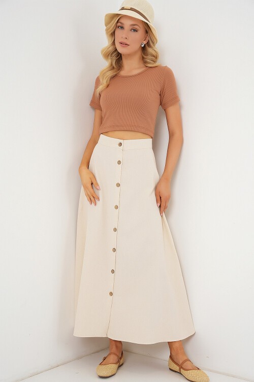 Merterium Kadın Düğmeli Keten Uzun Etek 8046 - Krem