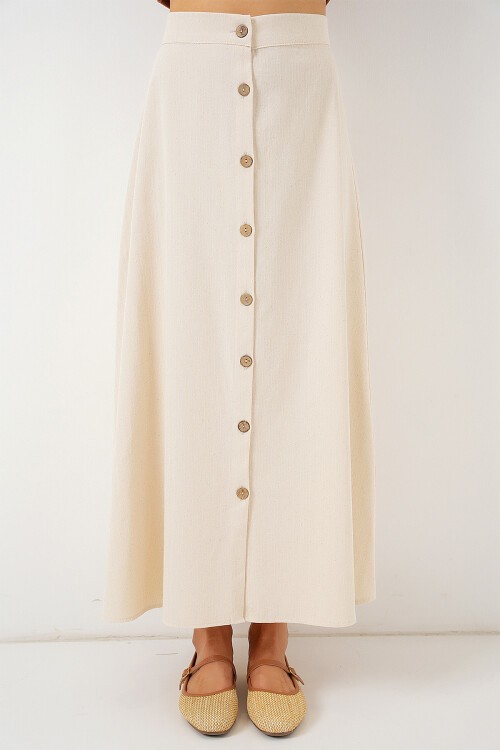 Merterium Kadın Düğmeli Keten Uzun Etek 8046 - Krem
