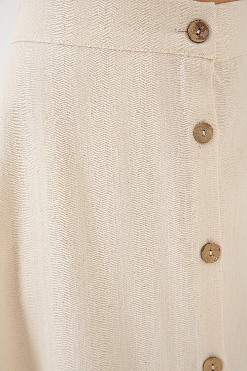 Merterium Kadın Düğmeli Keten Uzun Etek 8046 - Krem