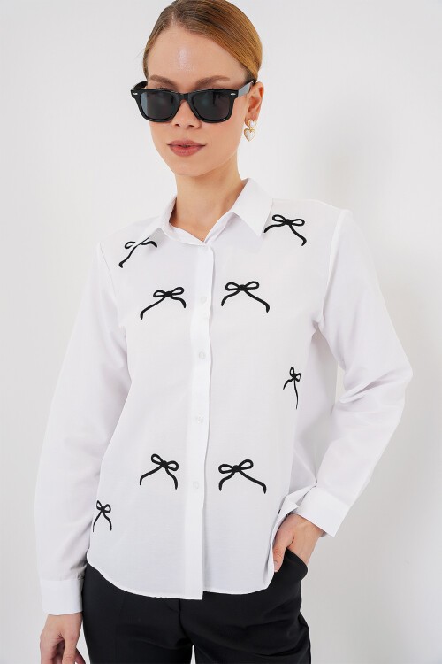 Merterium Kadın Fiyonk Detay Gömlek 20311 - Beyaz