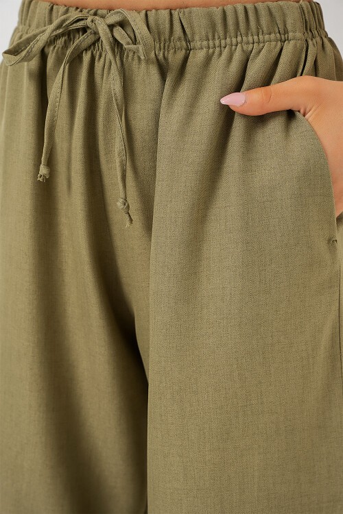 Merterium Kadın Geniş Paça Keten Pantolon 6735 - Çağla