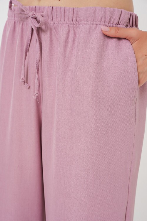 Merterium Kadın Geniş Paça Keten Pantolon 6735 - Gül Kurusu