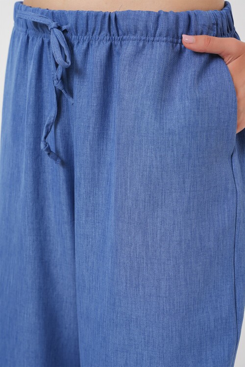 Merterium Kadın Geniş Paça Keten Pantolon 6735 - İndigo