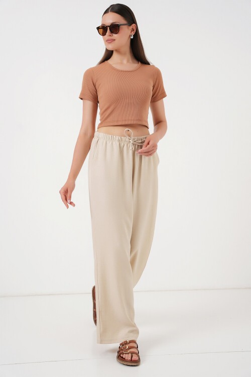 Merterium Kadın Geniş Paça Keten Pantolon 6735 - Krem