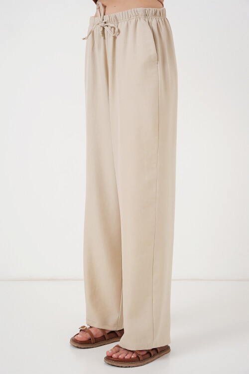 Merterium Kadın Geniş Paça Keten Pantolon 6735 - Krem