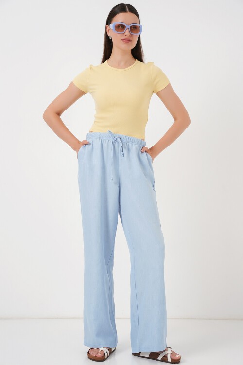 Merterium Kadın Geniş Paça Keten Pantolon 6735 - Mavi