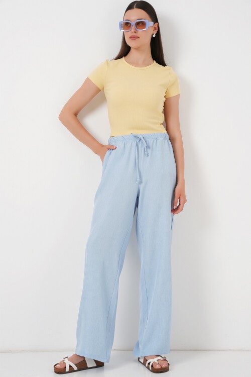 Merterium Kadın Geniş Paça Keten Pantolon 6735 - Mavi