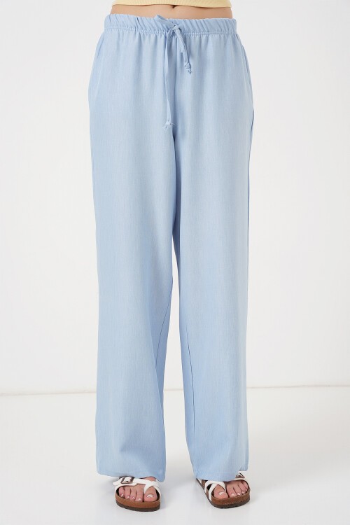 Merterium Kadın Geniş Paça Keten Pantolon 6735 - Mavi