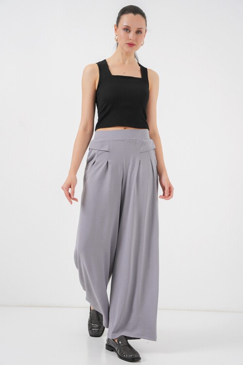 Merterium Kadın Geniş Paça Pileli Pantolon 6718 - Gri