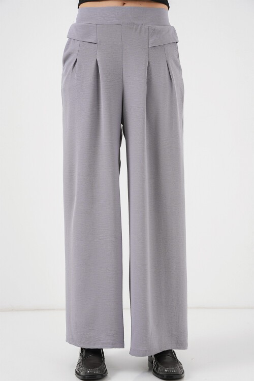 Merterium Kadın Geniş Paça Pileli Pantolon 6718 - Gri