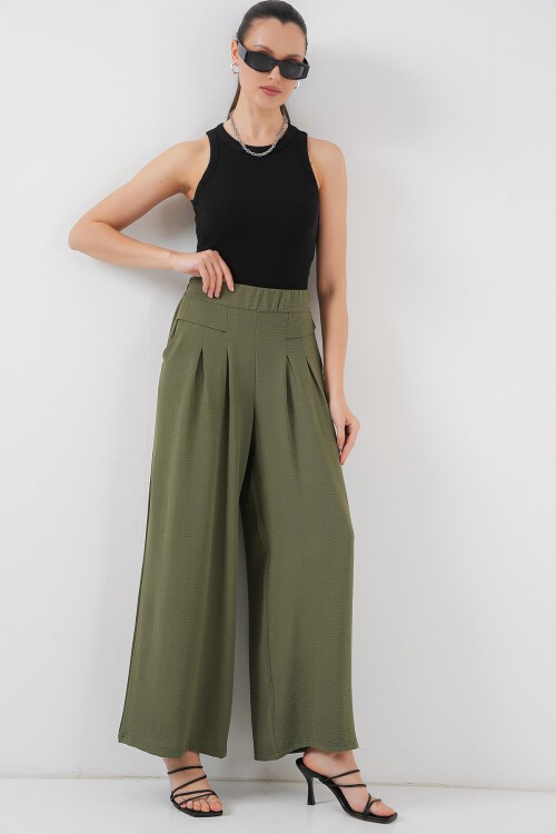 Merterium Kadın Geniş Paça Pileli Pantolon 6718 - Haki