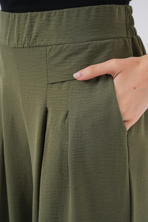 Merterium Kadın Geniş Paça Pileli Pantolon 6718 - Haki