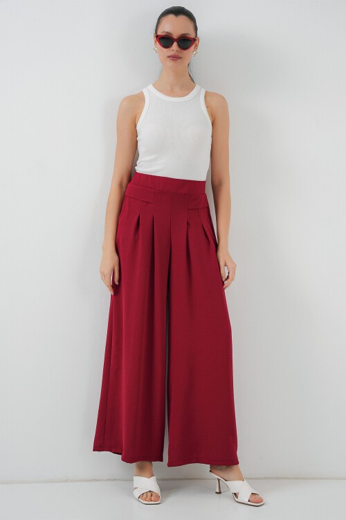 Merterium Kadın Geniş Paça Pileli Pantolon 6718 - Kırmızı