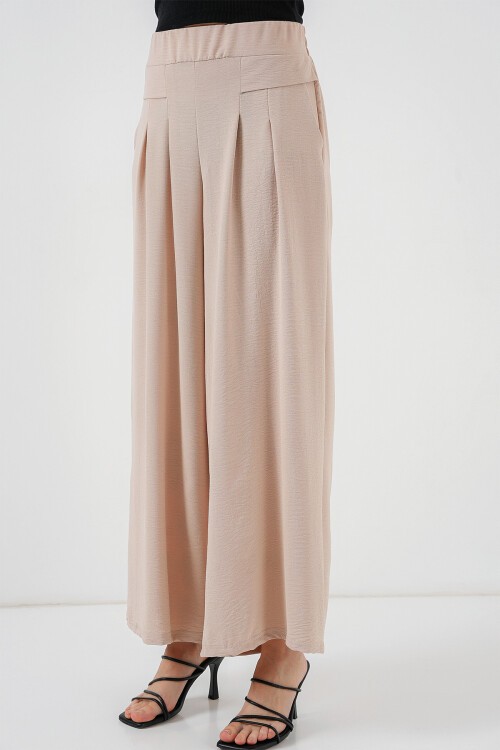 Merterium Kadın Geniş Paça Pileli Pantolon 6718 - Krem