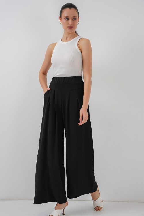 Merterium Kadın Geniş Paça Pileli Pantolon 6718 - Siyah