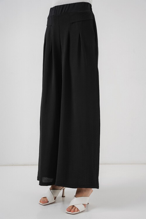 Merterium Kadın Geniş Paça Pileli Pantolon 6718 - Siyah