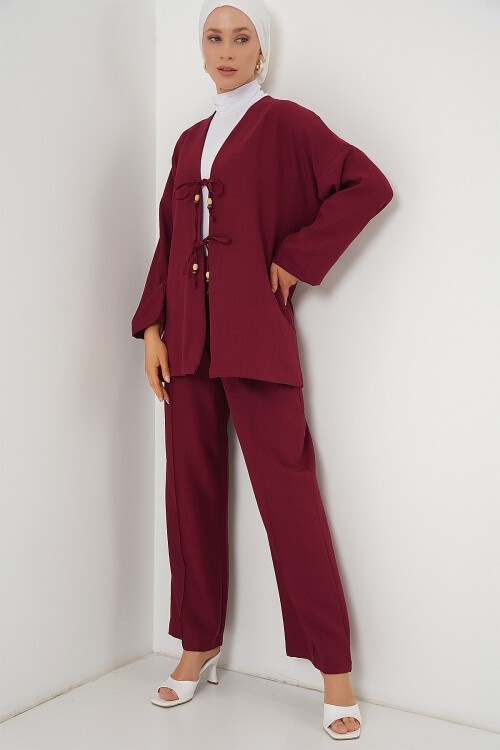 Merterium Kadın Keten Kimono İkili Takım 6727 - Bordo