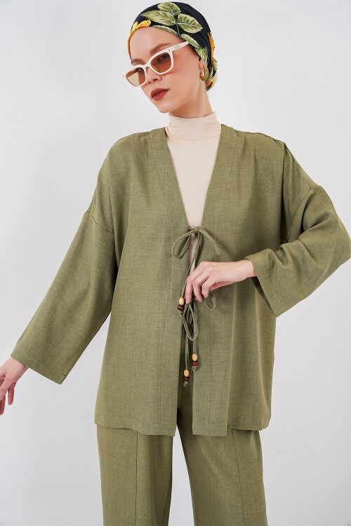 Merterium Kadın Keten Kimono İkili Takım 6727 - Çağla