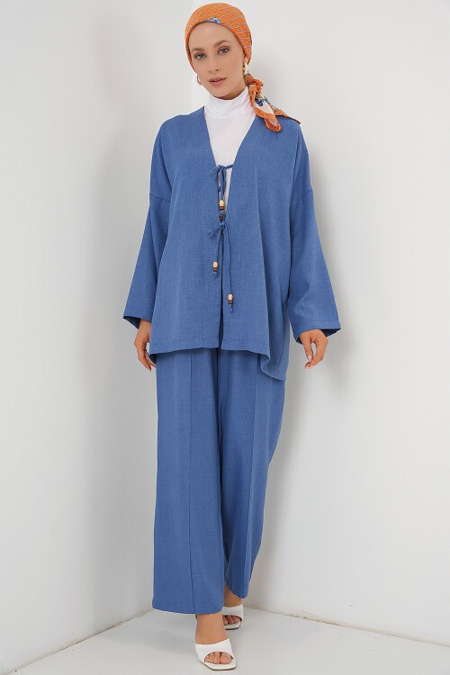 Merterium Kadın Keten Kimono İkili Takım 6727 - İndigo
