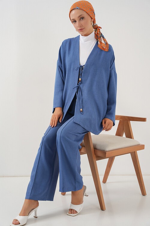 Merterium Kadın Keten Kimono İkili Takım 6727 - İndigo