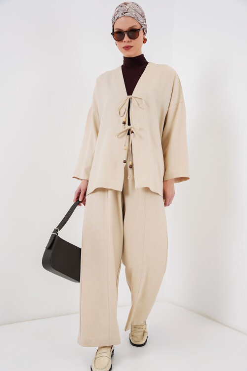 Merterium Kadın Keten Kimono İkili Takım 6727 - Krem