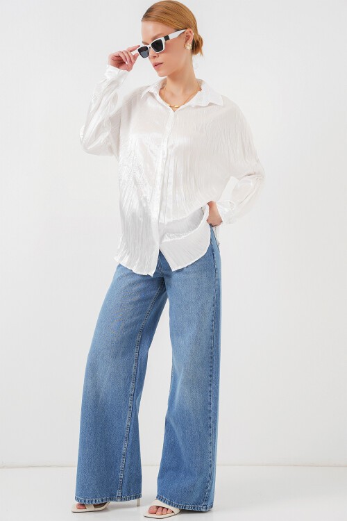 Merterium Kadın Kırışık Saten Gömlek 20316 - Beyaz