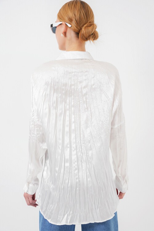 Merterium Kadın Kırışık Saten Gömlek 20316 - Beyaz