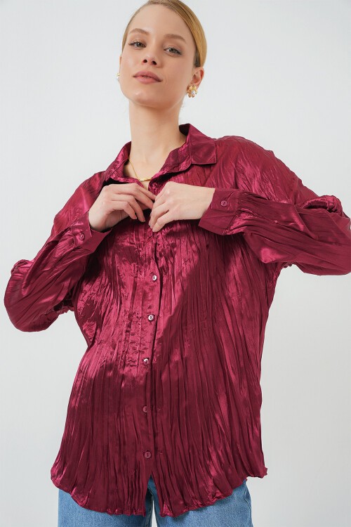 Merterium Kadın Kırışık Saten Gömlek 20316 - Bordo