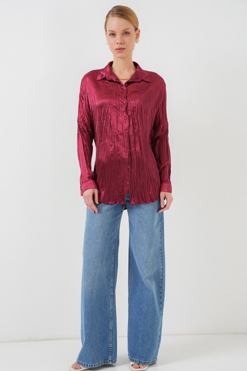 Merterium Kadın Kırışık Saten Gömlek 20316 - Bordo