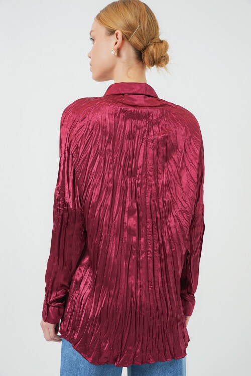 Merterium Kadın Kırışık Saten Gömlek 20316 - Bordo