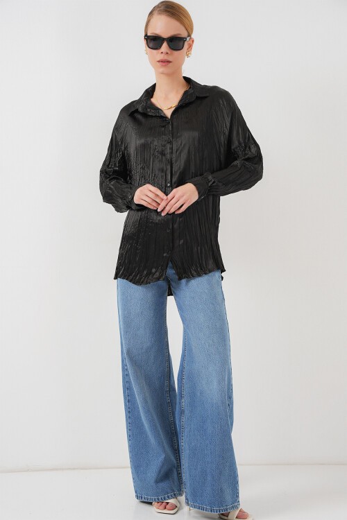 Merterium Kadın Kırışık Saten Gömlek 20316 - Siyah