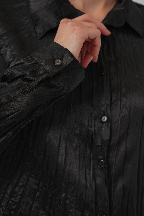 Merterium Kadın Kırışık Saten Gömlek 20316 - Siyah