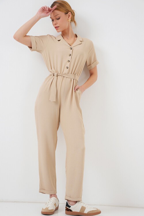 Merterium Kadın Kısa Kol Ayrobin Tulum 7030 - Krem