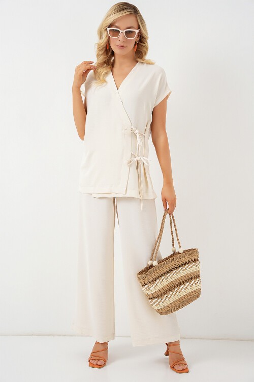 Merterium Kadın Kısa Kol Bağcıklı Ayrobin İkili Takım 6741 - Krem