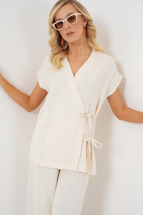 Merterium Kadın Kısa Kol Bağcıklı Ayrobin İkili Takım 6741 - Krem